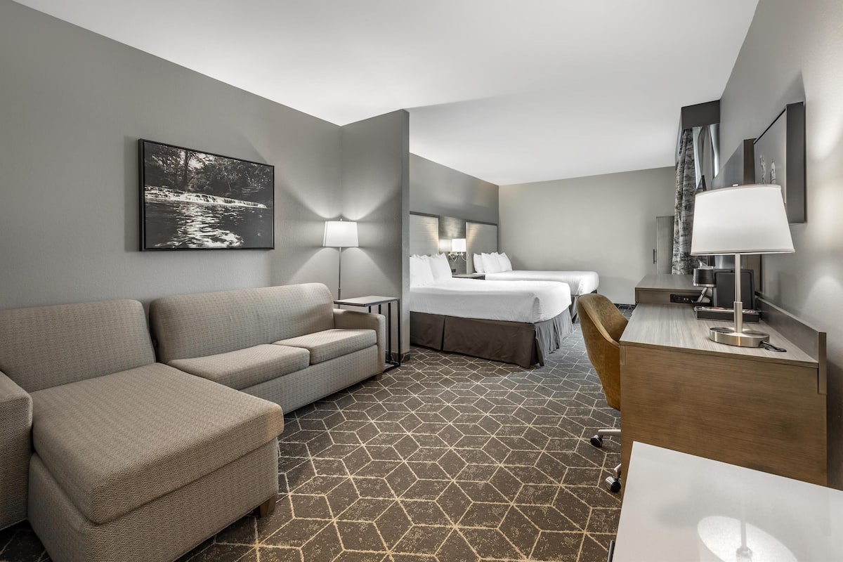 Desk, laptop workspace, blackout curtains, iron/ironing board