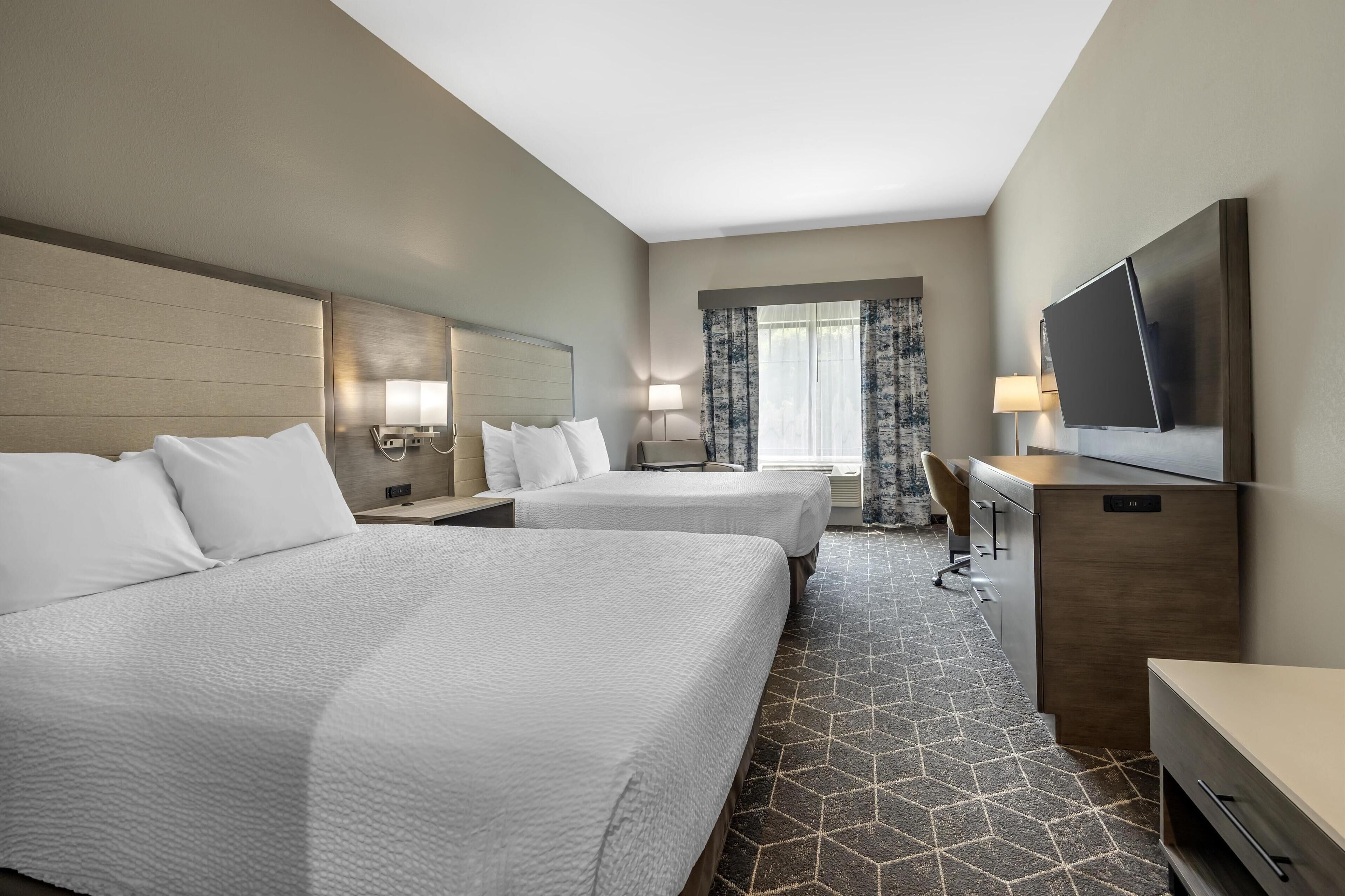 standard room, 2 queen beds, non smoking, refrigerator & microwave (1st floor) | 1 bedroom, desk, laptop workspace, blackout curtains