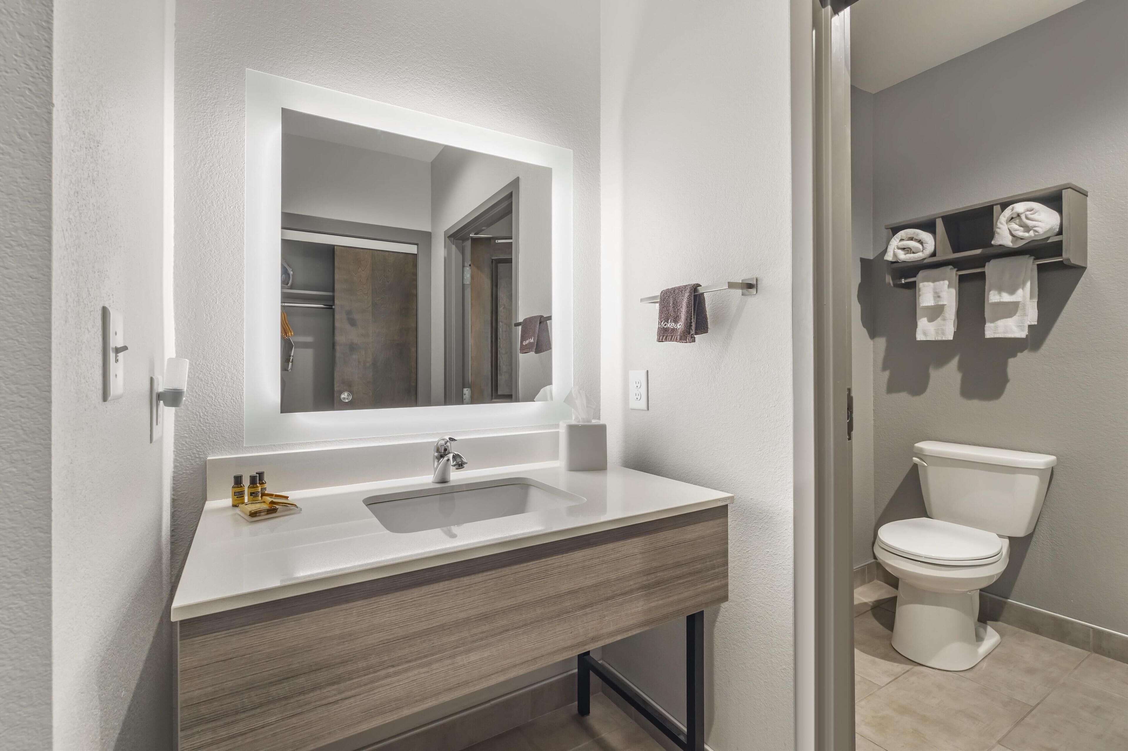 A modern bathroom with a white vanity, a large mirror, a toilet, and a towel rack.