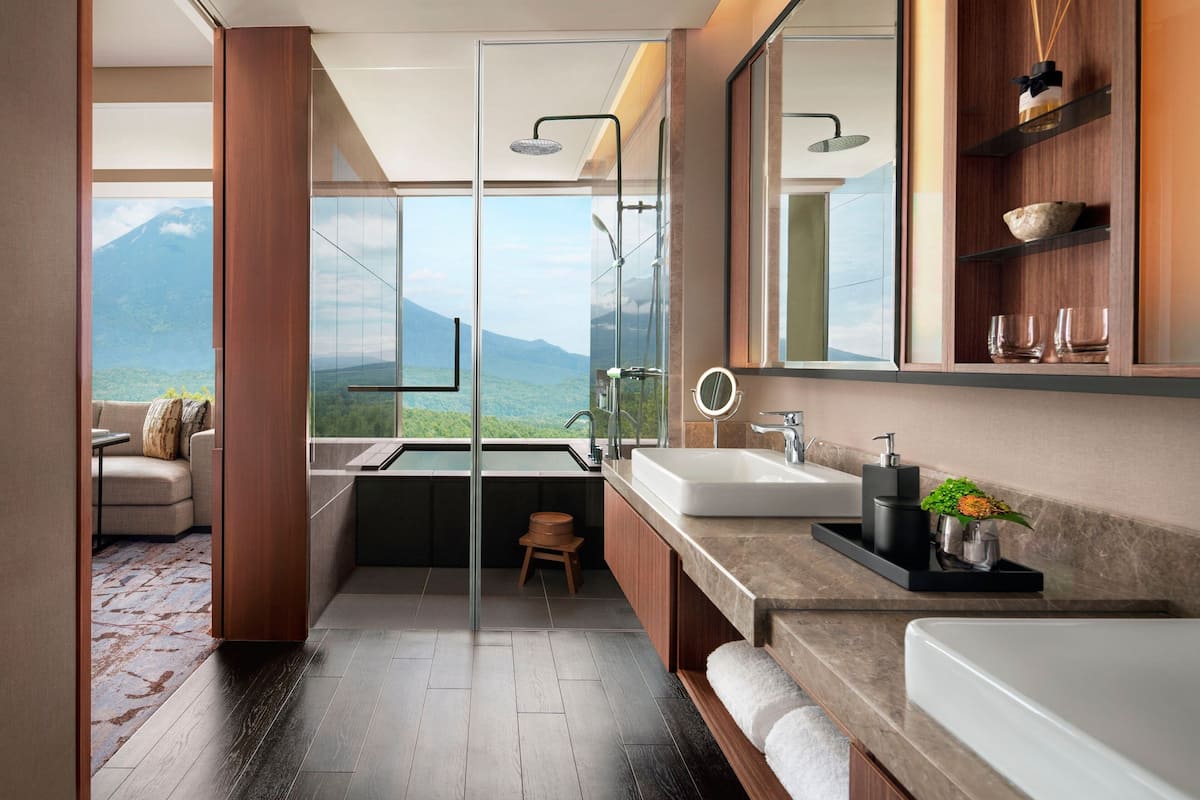 separate bathtub and shower, rainfall showerhead, designer toiletries