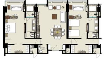A floor plan of a hotel with multiple bedrooms, a powder room, a dining area, and a kitchen.