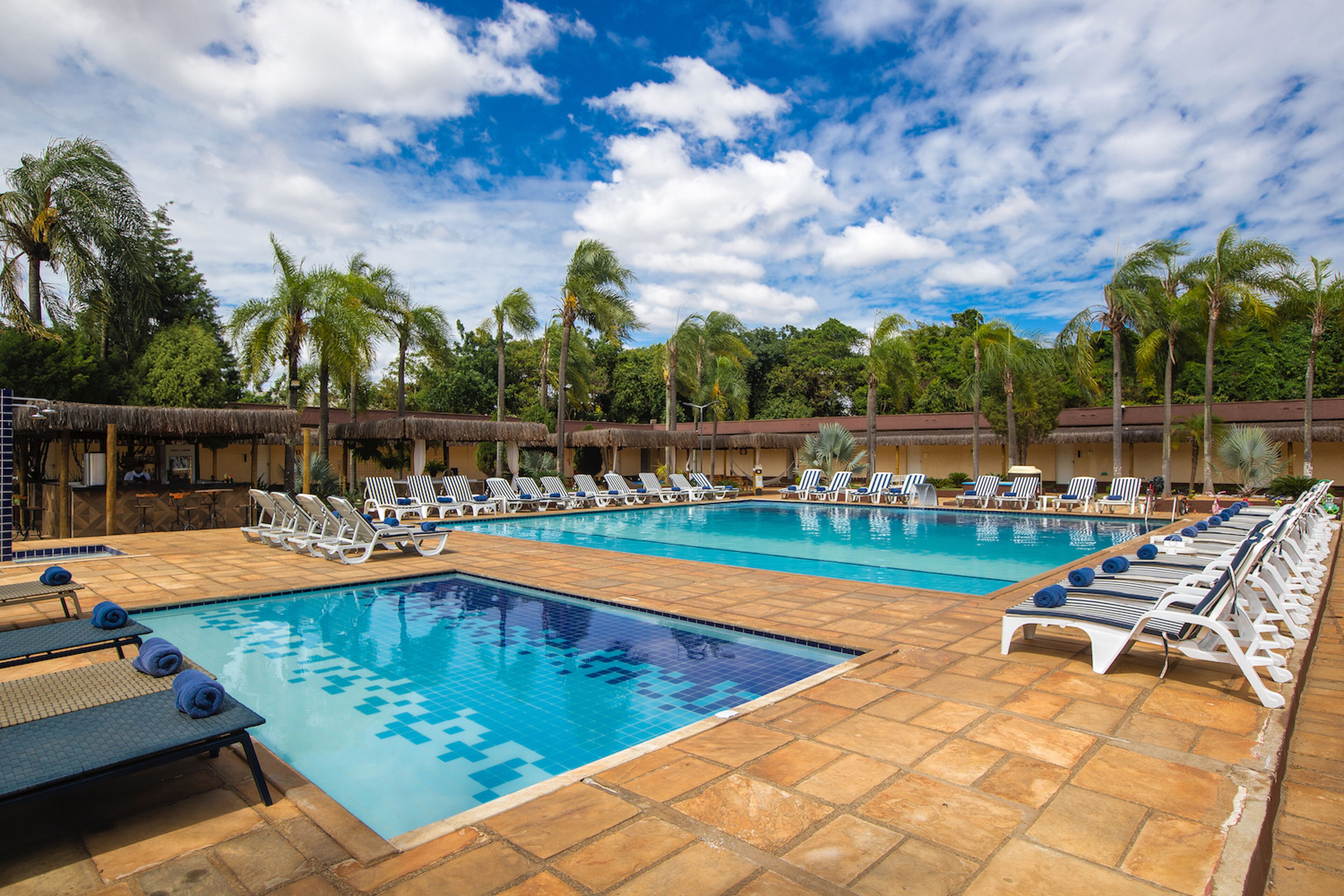 Piscina com espreguiçadeiras e guarda-sóis, cercada por palmeiras e um céu claro.