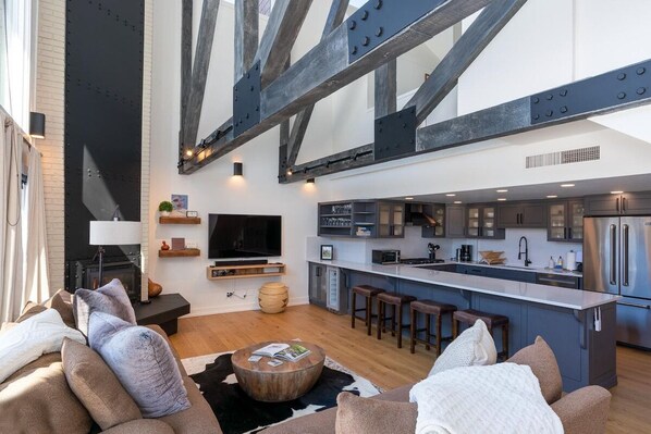Televisión, chimenea y libros 