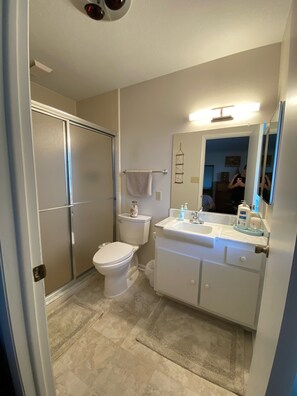 Hair dryer, towels, soap, toilet paper