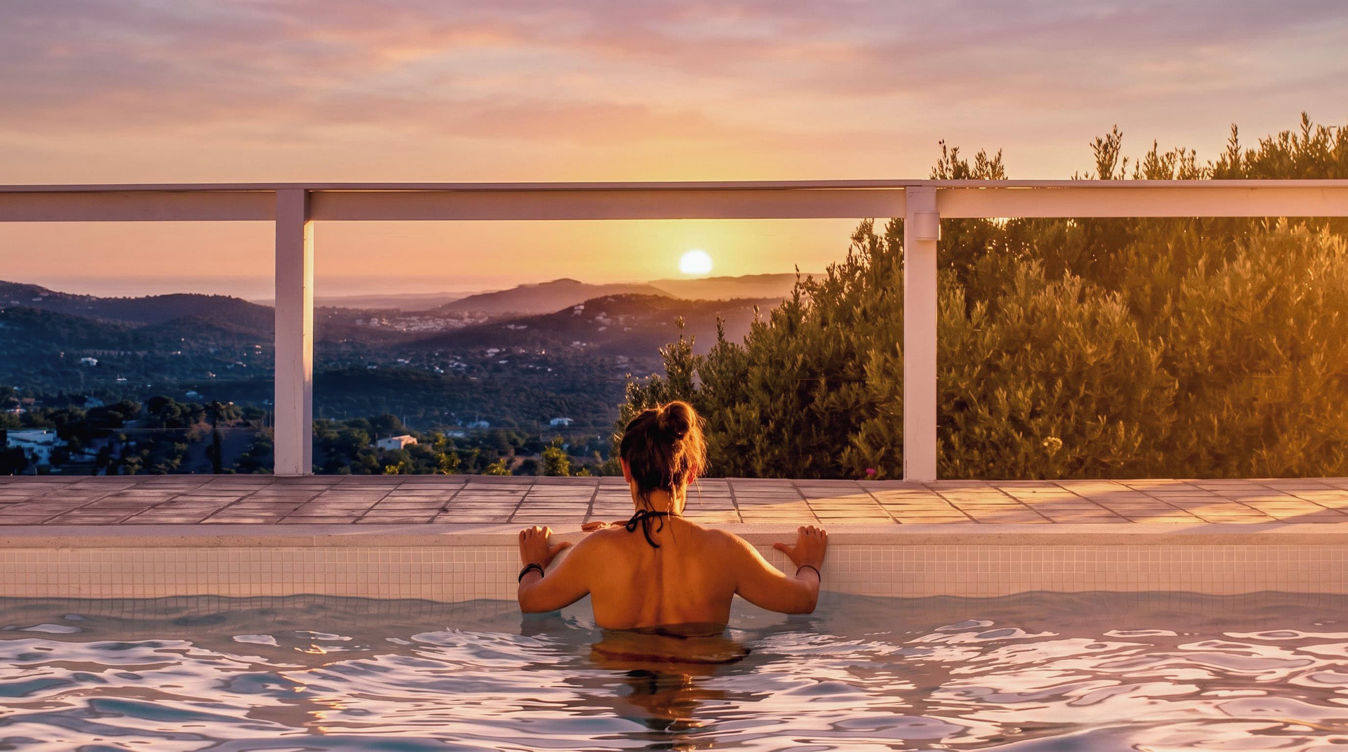Eine Person im Schwimmbecken mit Blick auf einen Sonnenuntergang über der Landschaft.