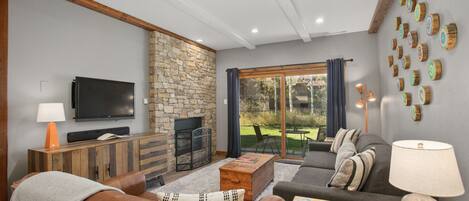 Télévision, cheminée, lecteur de DVD, table de tennis de table