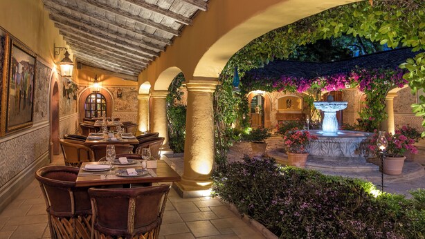 Un área de comedor al aire libre con mesas y sillas, una fuente y abundante vegetación.