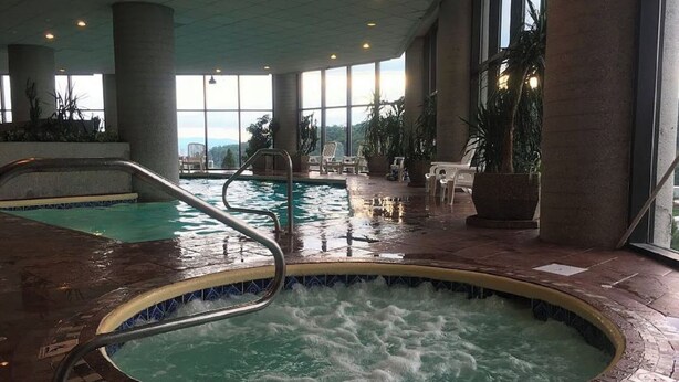 Ein Innenpool mit Whirlpool, umgeben von großen Fenstern und Topfpflanzen.