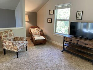 Smart TV, fireplace, books