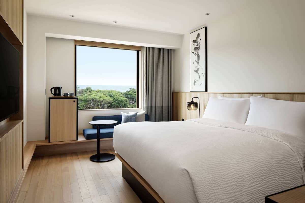 Een moderne hotelkamer met een groot bed, een klein zithoekje, een televisie en een raam met uitzicht op groen.