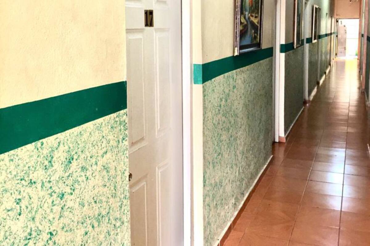 A long hallway with doors on one side and a green stripe on the walls.