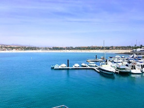 A marina with boats docked, a beach in the background, and a clear sky.
