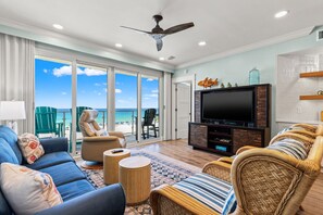 Smart TV, fireplace, DVD player, books