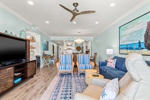 Smart TV, fireplace, DVD player, books