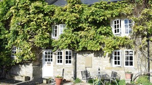 A stone building with ivy-covered walls, multiple windows, and outdoor seating with a table and chairs. - 2 bedroom accommodation in Yougrave, near Bakewell (Yougrave, near Bakewell)
