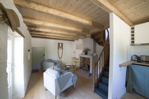 TV, fireplace, books, music library