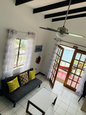 Een smart-tv, boeken, een stereo en een printer