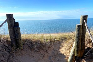 On the beach, sun-loungers, beach towels