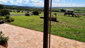 A patio area with a brick floor, a potted plant, and a view of a green field with a small wooden structure.