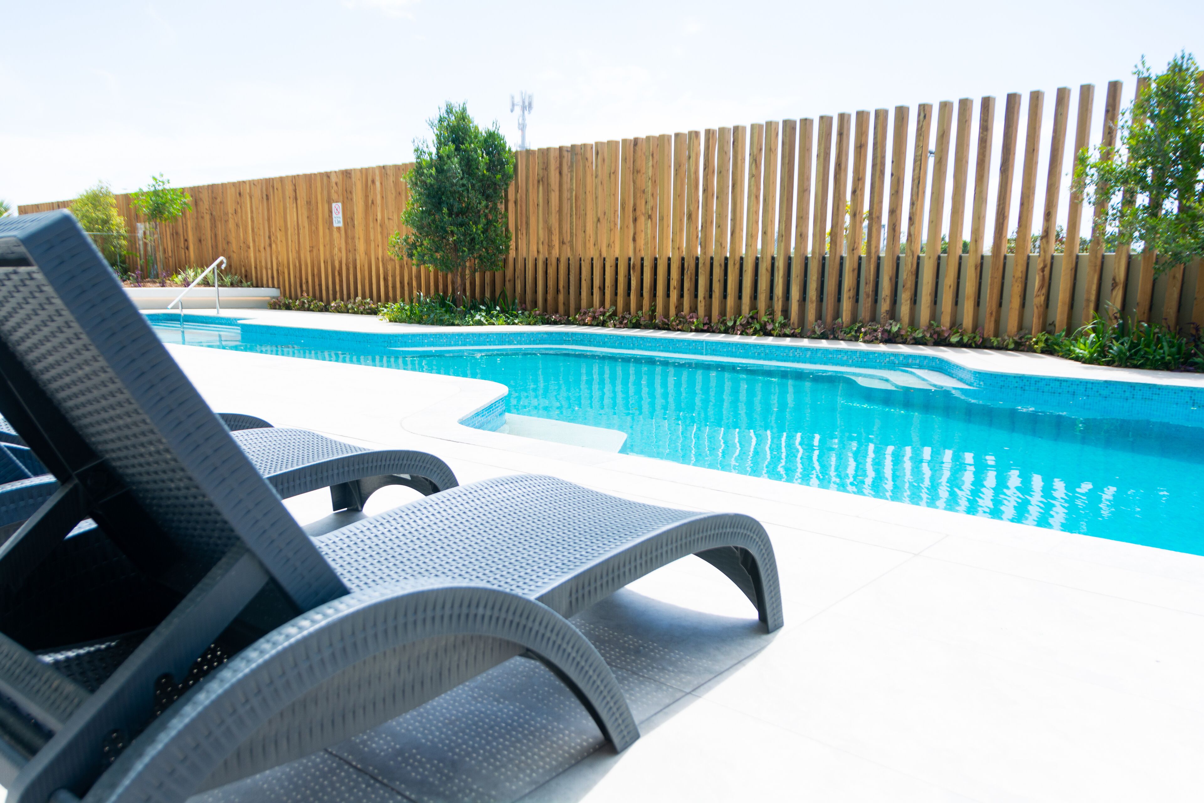 outdoor pool, pool loungers