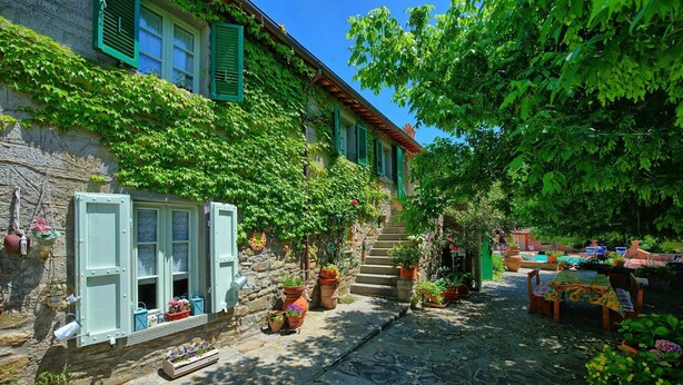 Une cour pavée de pierres, avec un escalier menant à un bâtiment aux volets verts et aux murs couverts de lierre.