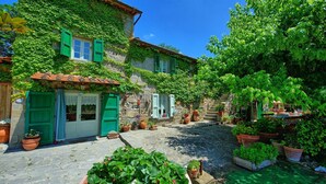 Un bâtiment en pierre avec des volets verts et des murs couverts de lierre, entouré de plantes en pot et d’une cour pavée.
