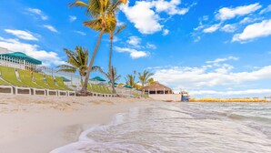 A beach with lounge chairs, palm trees, and a thatched-roof structure.
