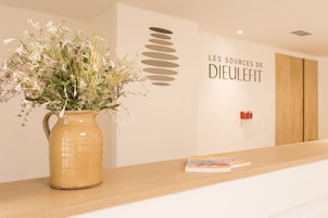 Un área de recepción con un jarrón de flores, un mostrador de madera y una pared con un letrero que dice "LES SOURCES DE DIEULET".