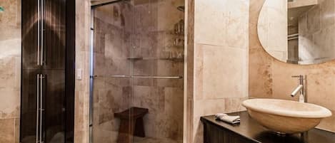 Shower, towels, toilet paper