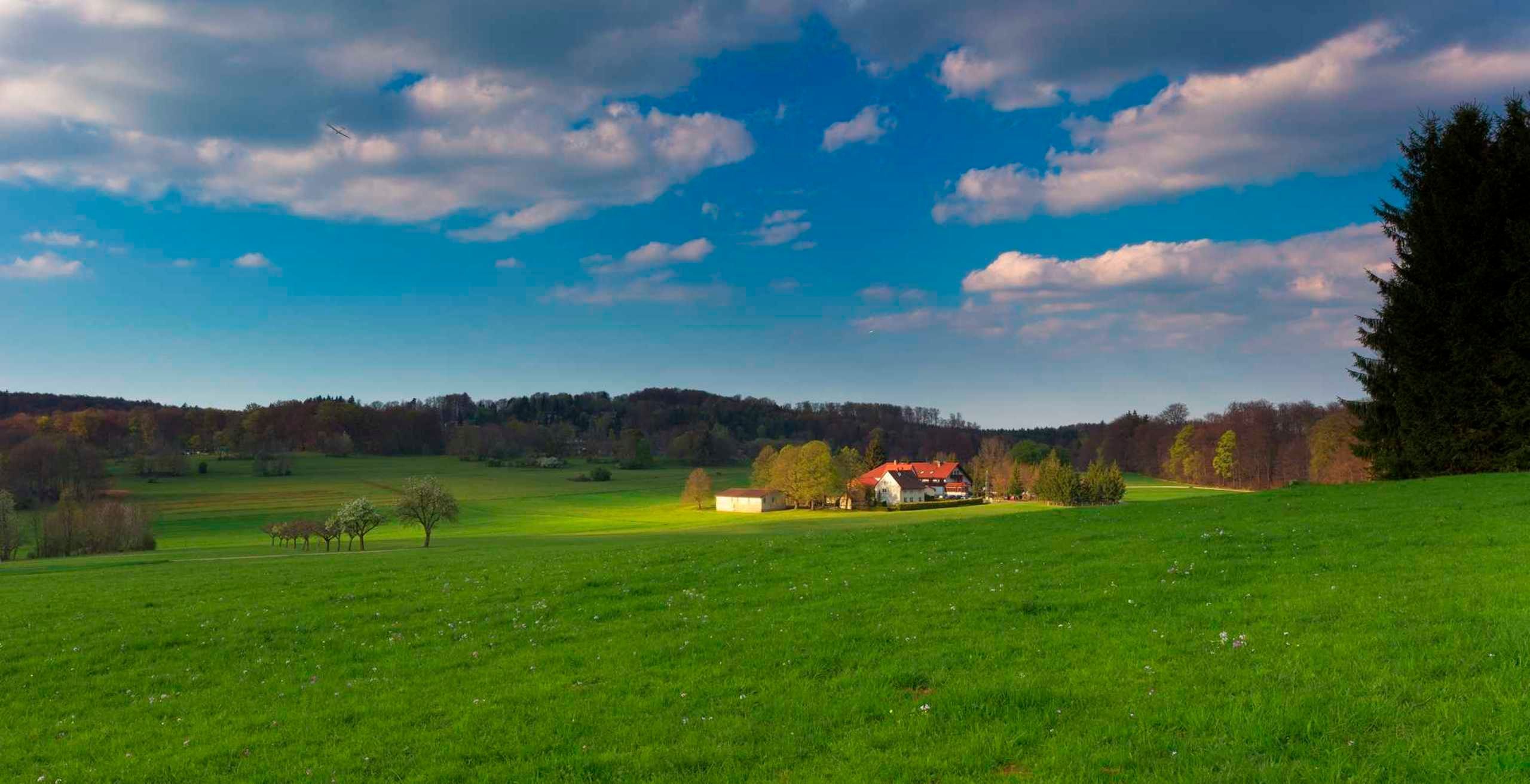 A rural landscape with a house on a hill, green fields, and a clear sky.