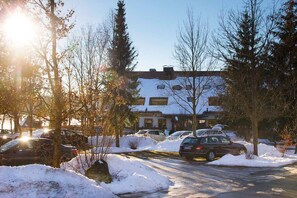 A residential area with parked cars, snow on the ground, and trees. - Doppelzimmer - Stahlecker Hof (Lichtenstein)