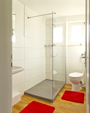 A modern bathroom with a glass-enclosed shower, a white toilet, and a red rug on the floor. - Doppelzimmer - Stahlecker Hof (Lichtenstein)
