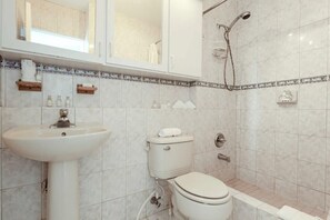Une salle de bain avec un lavabo, des toilettes et une douche.
