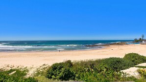 Een strand met heldere lucht, een zandstrand en wat groen op de voorgrond.