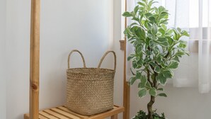 A wooden drying rack with a woven basket and a potted plant. - Chipa Homestay (Da Nang)