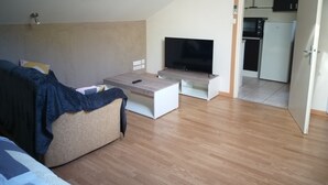 Un espace de vie compact comprenant un canapé, un téléviseur posé sur un meuble, une télécommande et, au fond, une petite cuisine.