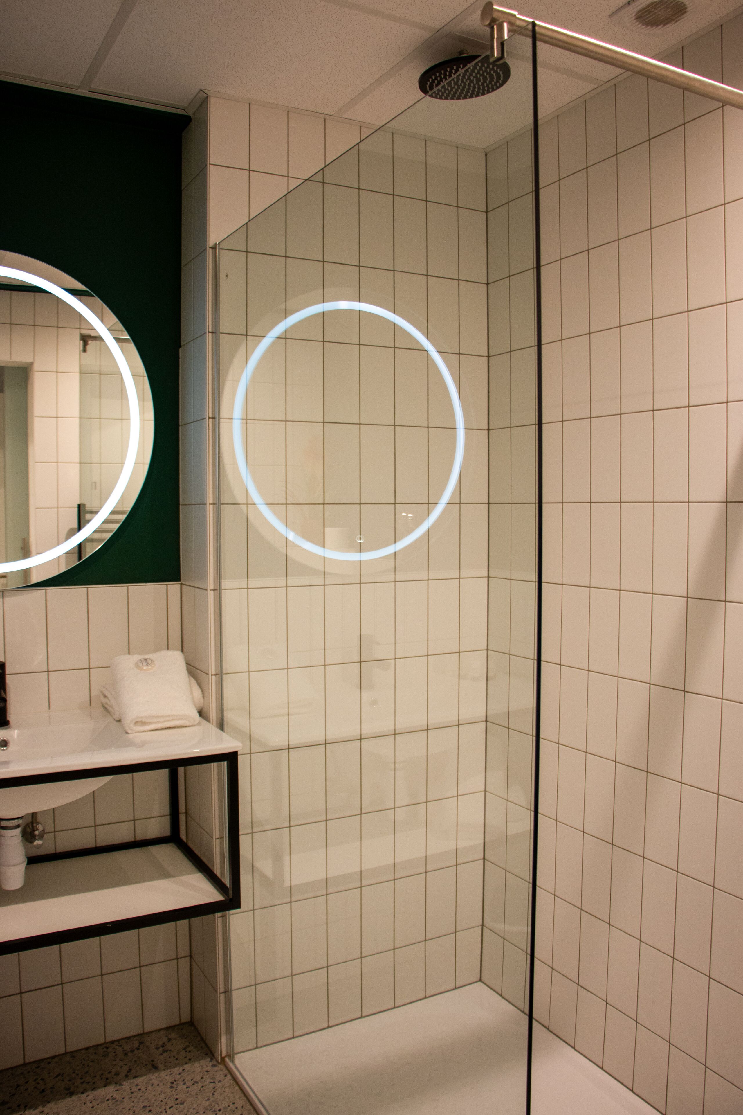 double room with small balcony | bathroom | shower, rainfall showerhead, towels