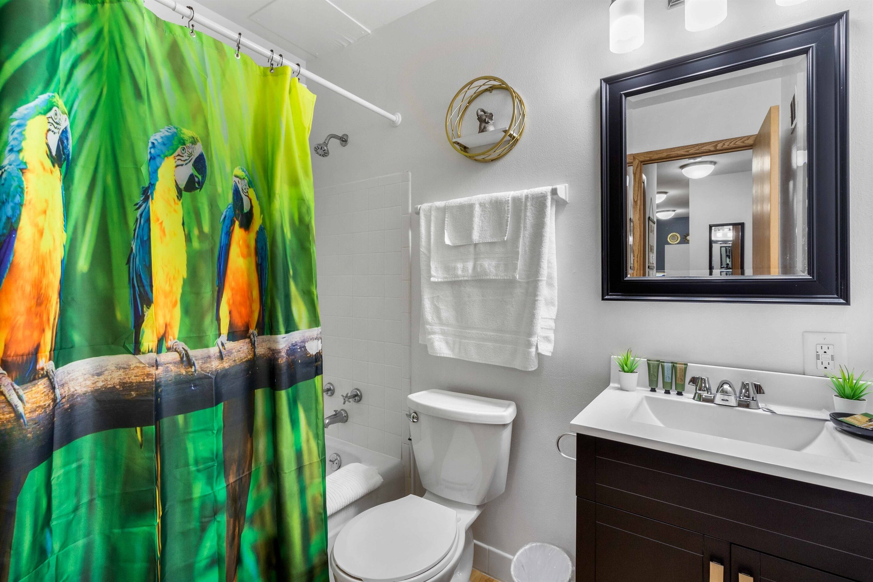 Ensemble baignoire-douche, séchoir à cheveux, serviettes fournies