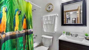 Ensemble baignoire-douche, séchoir à cheveux, serviettes fournies