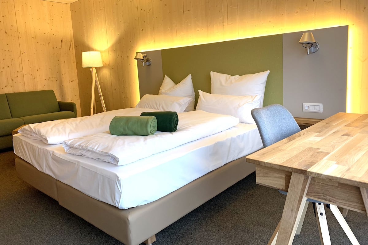 Hypo-allergenic bedding, desk, laptop workspace, soundproofing