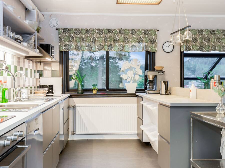 A modern kitchen with stainless steel appliances, a window with a view of greenery, and a radiator.