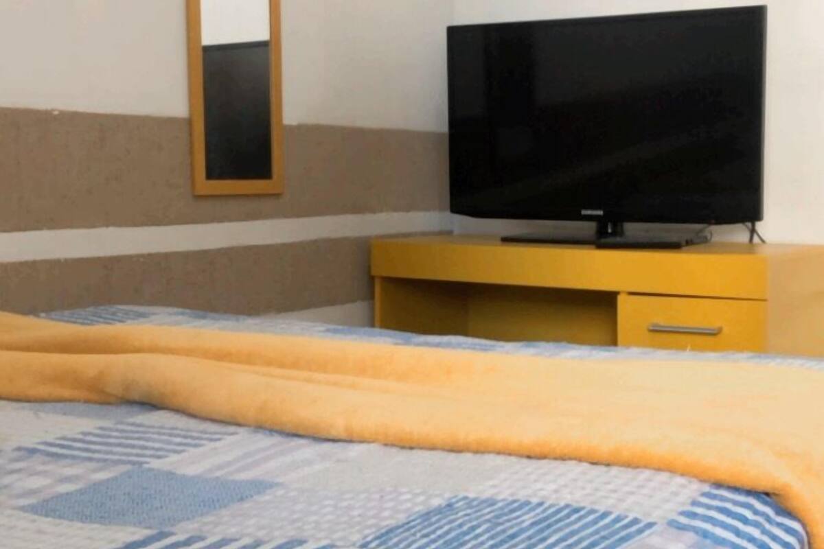 Una habitación de hotel con una cama, un televisor sobre un mueble de madera y un espejo en la pared.