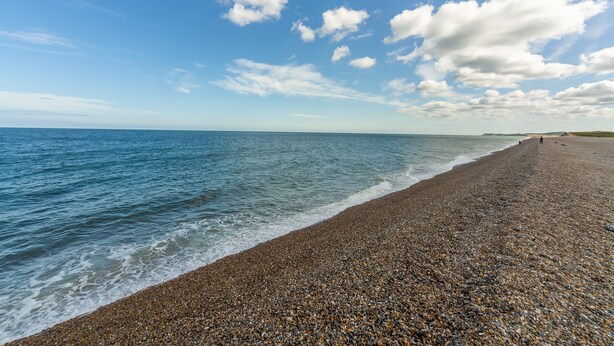 Ein Kiesstrand mit klarem Himmel und ruhiger See.