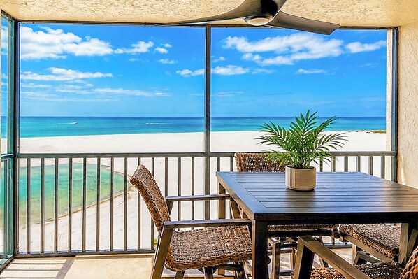 The Screened In Lanai at Carlos Pointe 612. The perfect place to start the day with coffee, unwind after the beach, or simply lose track of time while taking in the endless Gulf views.