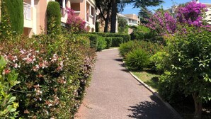 A pathway flanked by neatly trimmed hedges and flowering plants, leading to a row of buildings with a Mediterranean architectural style. - Sea views and beautiful pool (Cannes)