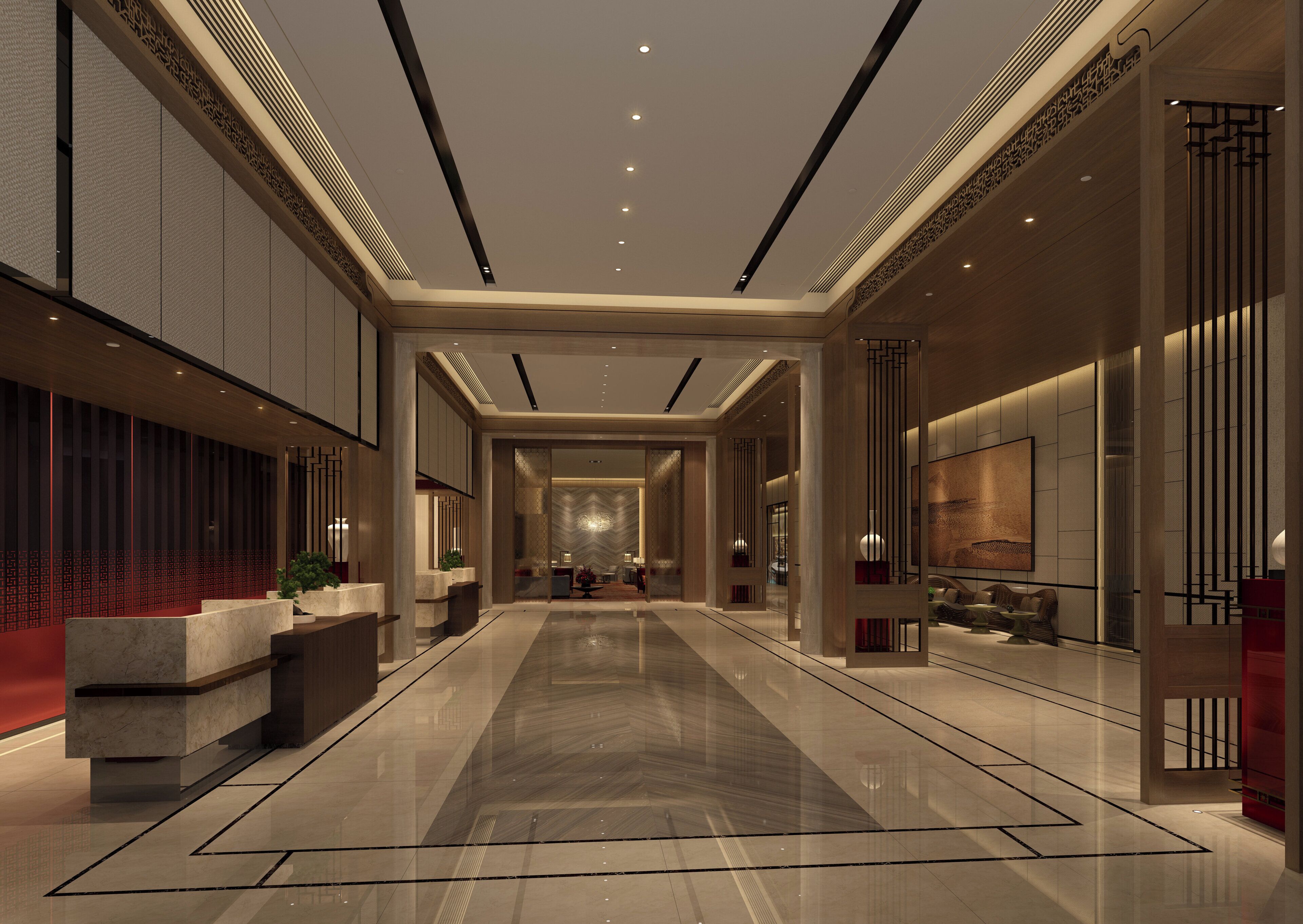 Un hall d’hôtel moderne avec un long couloir, un comptoir d’accueil et un espace salon.