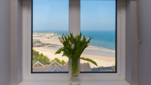 A window with a view of a beach and ocean.