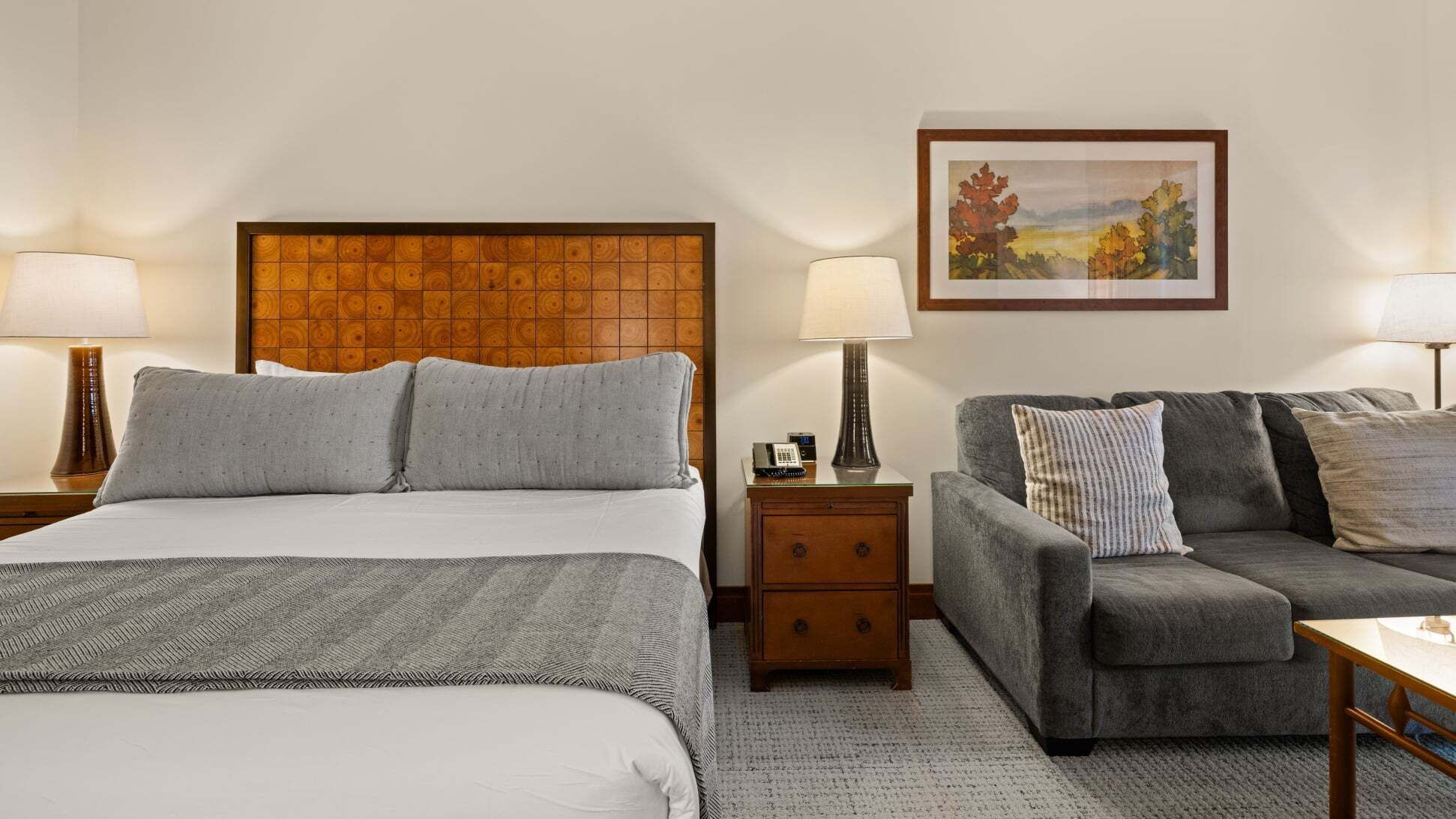 Une chambre d’hôtel avec un lit, un canapé, une table de chevet et une lampe.