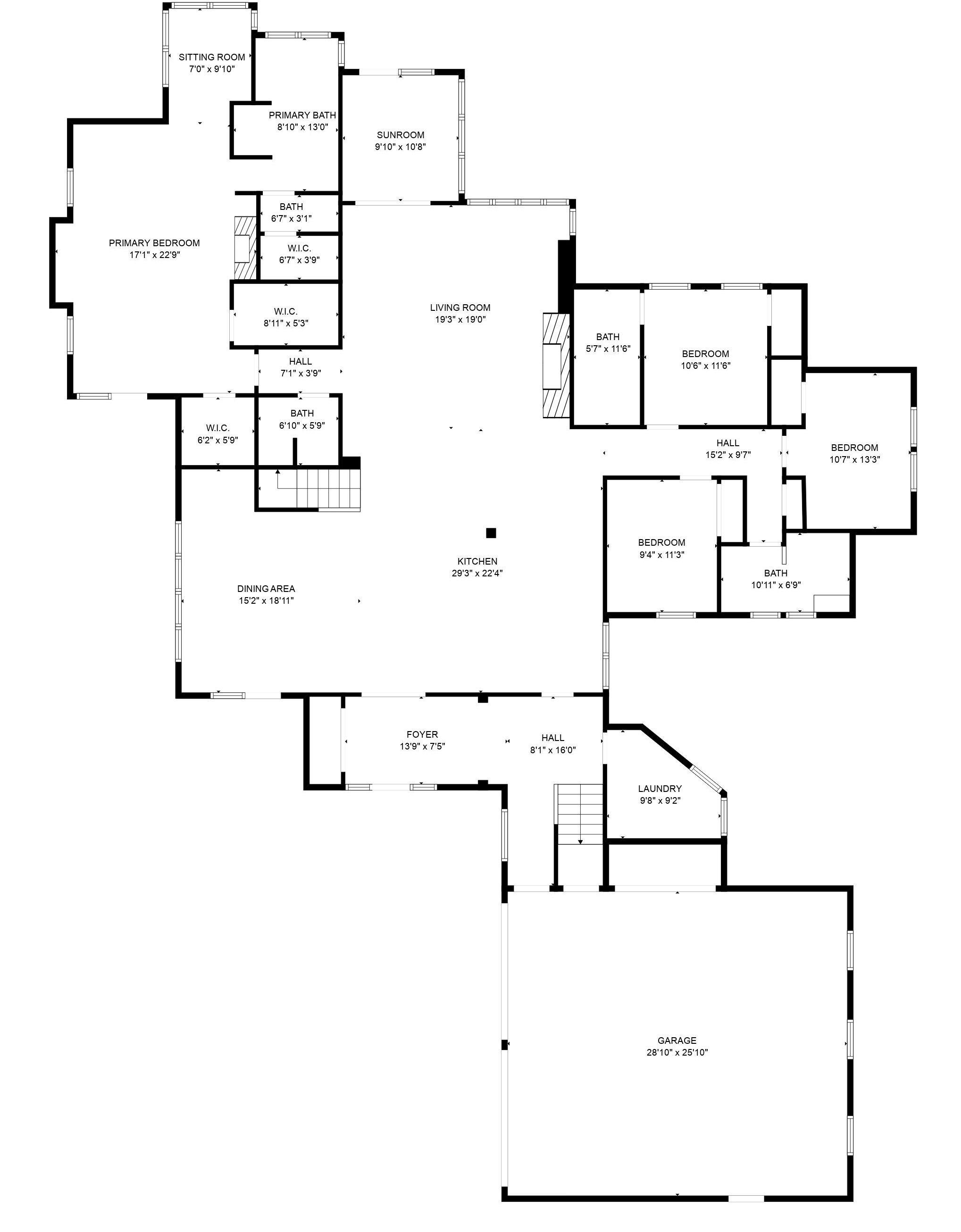 A floor plan of a house with a dining area, kitchen, living room, two bedrooms, a bathroom, a sunroom, a foyer, a hall, a laundry room, and a garage.
