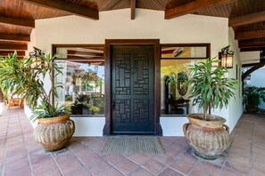 A building entrance with a dark door, large potted plants, and a tiled patio. - Stunning Home with Brand-New Guesthouse and Oceanview Terrace with Private Swimming Pool & Hot Tub (Playa Flamingo)